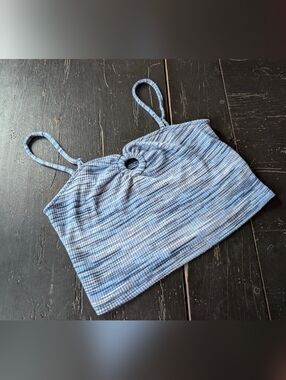 American Eagle Large Blue Halter Crop Top 70s Retro Beach Coastal Chic Summer